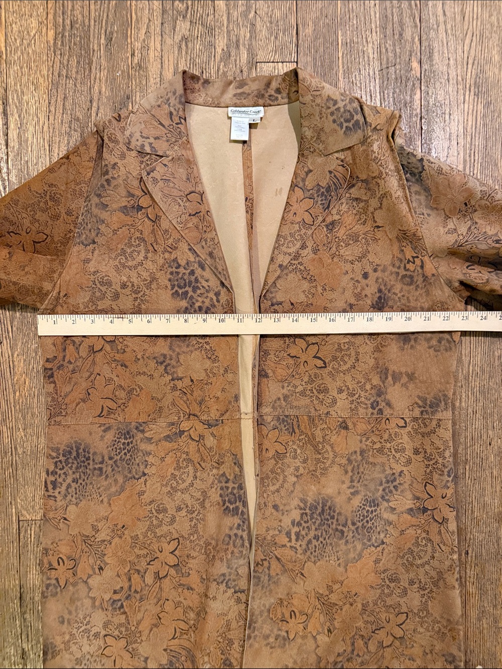 Coldwater Creek Floral Printed Tan Suede Duster Coat Leopard Bohemian Jacket - Picture 14 of 14